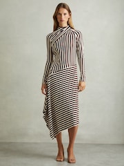Reiss Brown/Cream Cat Striped Jersey Asymmetric Midi Dress - Image 3 of 6