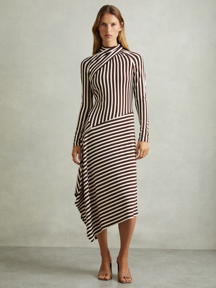 Buy Reiss Brown/Cream Cat Striped Jersey Asymmetric Midi Dress from Next USA