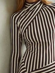 Reiss Brown/Cream Cat Striped Jersey Asymmetric Midi Dress - Image 4 of 6