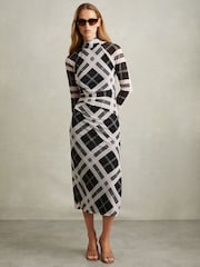 Reiss Black/Ivory Darla Checked Ruched Midi Dress - Image 1 of 5