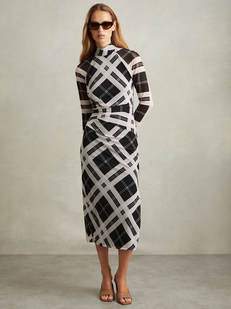 Reiss Black/Ivory Darla Checked Ruched Midi Dress - Image 1 of 5