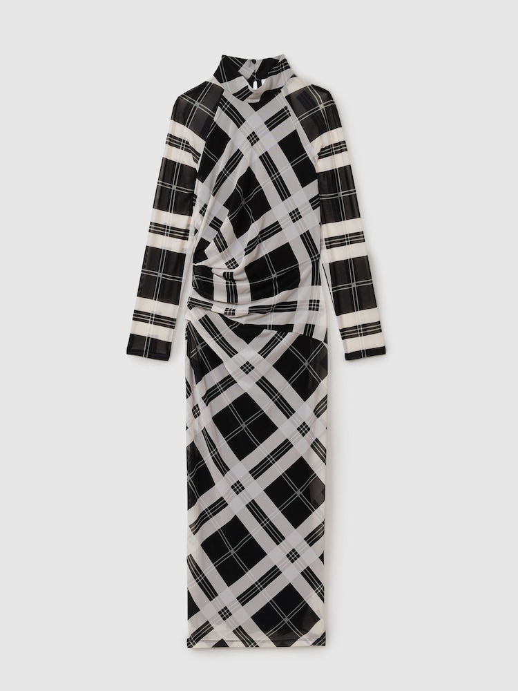 Reiss Black/Ivory Darla Checked Ruched Midi Dress - Image 2 of 5