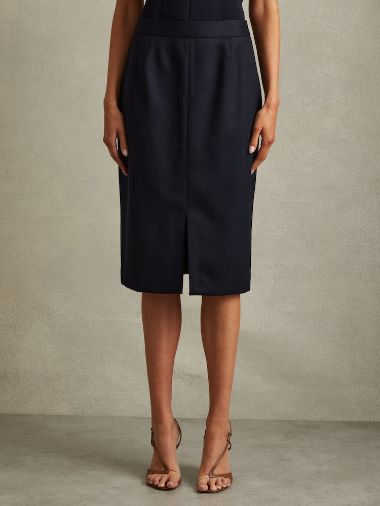 Reiss Navy Hallie Petite Textured Pencil Midi Suit Skirt - Image 1 of 7