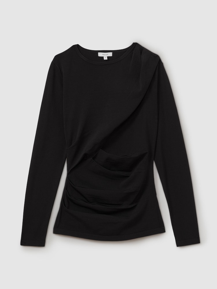 Reiss Black Rue Draped Front Ruched Top - Image 2 of 4