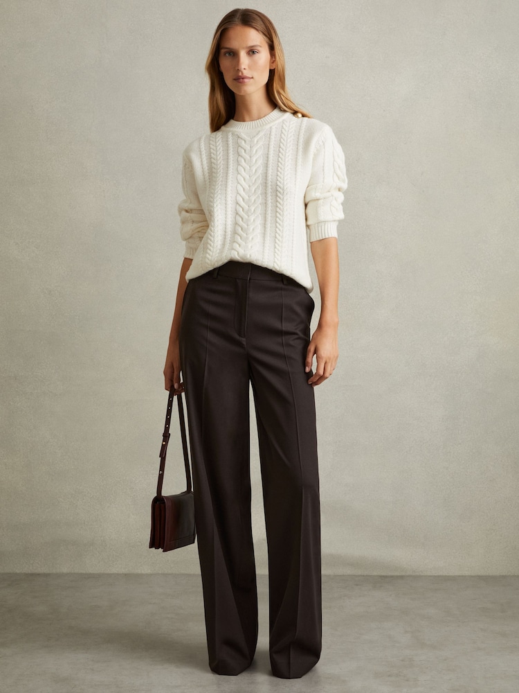 Reiss Chocolate Evelyn Wool Blend Wide Leg Suit Trousers - Image 1 of 5 Reiss Chocolate Evelyn Wool Blend Wide Leg Suit Trousers - Image 1 of 5