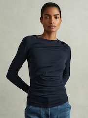 Reiss Teal Rue Draped Front Ruched Top - Image 1 of 5