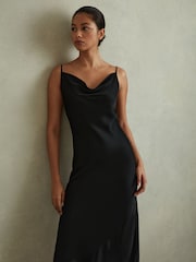 Reiss Black Isabel Satin Cowl Neck Midi Dress - Image 1 of 5
