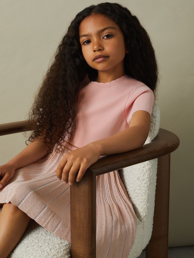 Reiss Pink Zoe 9-13 yrs Metallic Pleated Knitted Dress - Image 1 of 4 Reiss Pink Zoe 9-13 yrs Metallic Pleated Knitted Dress - Image 1 of 4