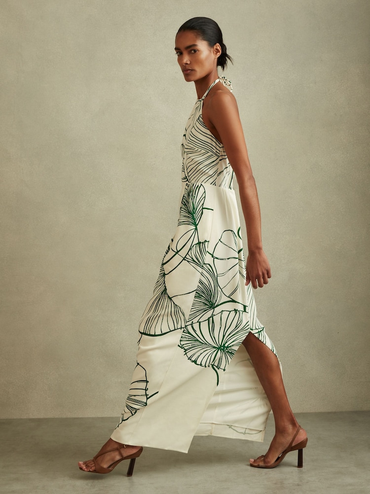 Reiss White/Green Lexi Floral Sketch Halter Neck Maxi Dress - Image 1 of 5
