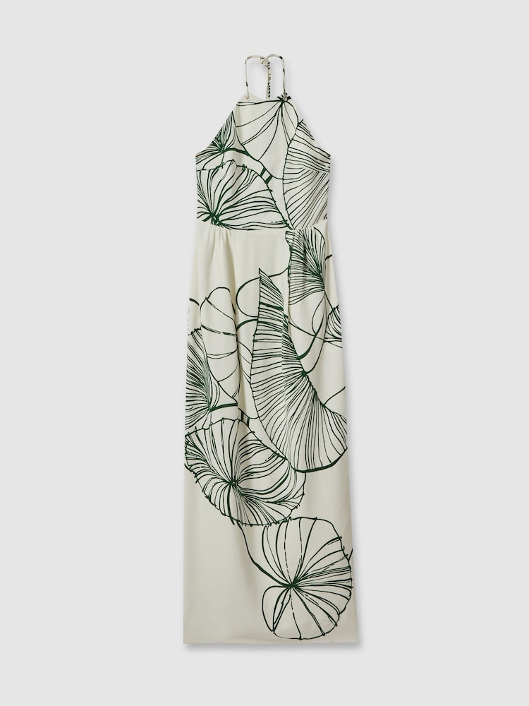 Reiss White/Green Lexi Floral Sketch Halter Neck Maxi Dress - Image 2 of 5