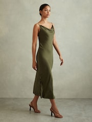 Reiss Khaki Isabel Satin Cowl Neck Midi Dress - Image 1 of 5