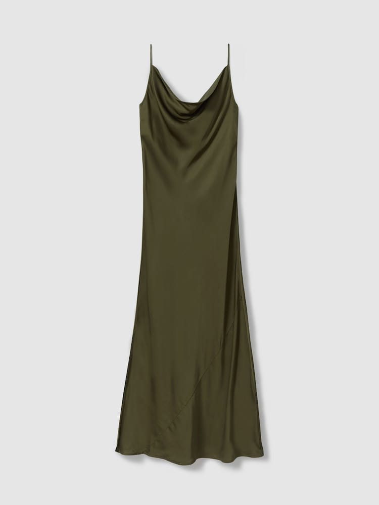 Reiss Khaki Isabel Satin Cowl Neck Midi Dress - Image 2 of 5