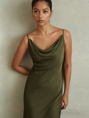 Reiss Khaki Isabel Satin Cowl Neck Midi Dress - Image 3 of 5