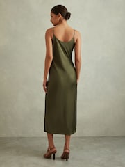 Reiss Khaki Isabel Satin Cowl Neck Midi Dress - Image 4 of 5