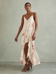 Reiss Ivory/Coral Melody Floral Print Side Split Midi Dress - Image 1 of 5