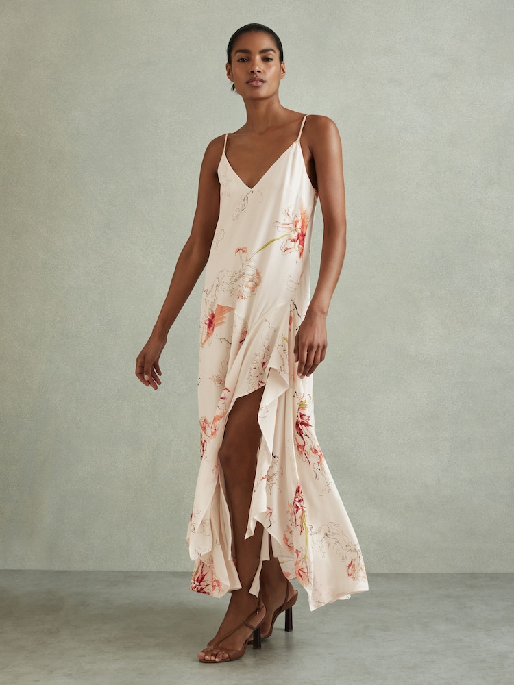 Reiss Ivory/Coral Melody Floral Print Side Split Midi Dress - Image 1 of 5