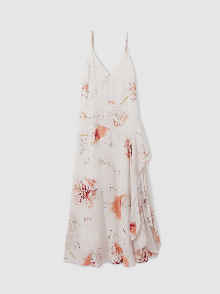 Reiss Ivory/Coral Melody Floral Print Side Split Midi Dress - Image 2 of 5
