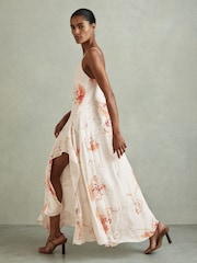 Reiss Ivory/Coral Melody Floral Print Side Split Midi Dress - Image 4 of 5