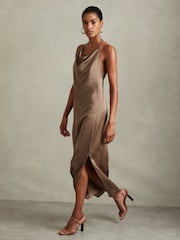Reiss Mink Lilah Satin Cowl Neck Maxi Dress - Image 1 of 5