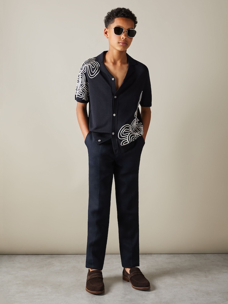 Reiss Navy/Off White Romance 13-14 yrs Jersey Embroidered Cuban Collar Shirt - Image 2 of 4 Reiss Navy/Off White Romance 13-14 yrs Jersey Embroidered Cuban Collar Shirt - Image 2 of 4