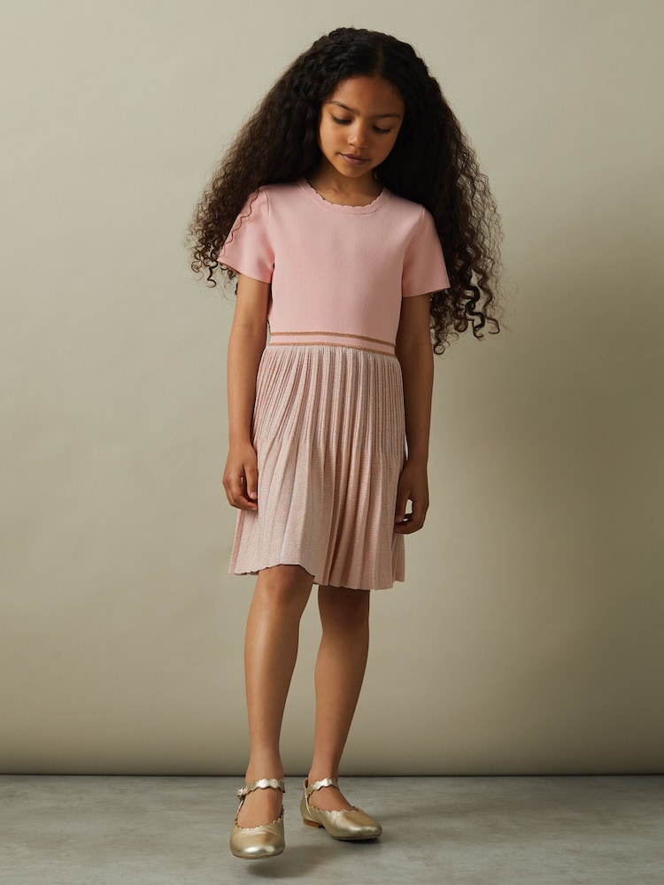 Reiss Pink Zoe 4-9 yrs Metallic Pleated Knitted Dress - Image 1 of 4