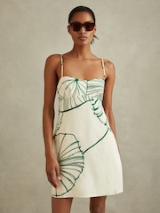 Reiss White/Green Marli Floral Sketch Removable Strap Mini Dress - Image 1 of 5