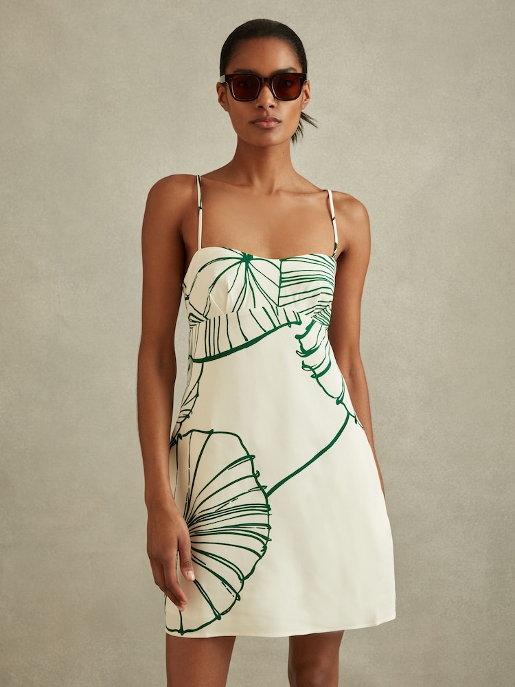 Reiss White/Green Marli Floral Sketch Removable Strap Mini Dress - Image 1 of 5