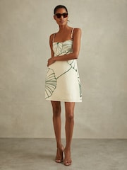 Reiss White/Green Marli Floral Sketch Removable Strap Mini Dress - Image 3 of 5