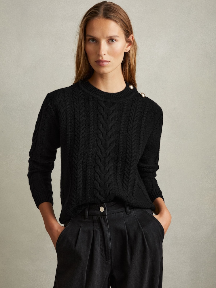 Reiss Black Libby Wool-Cashmere Cable Knit Jumper - Image 1 of 6