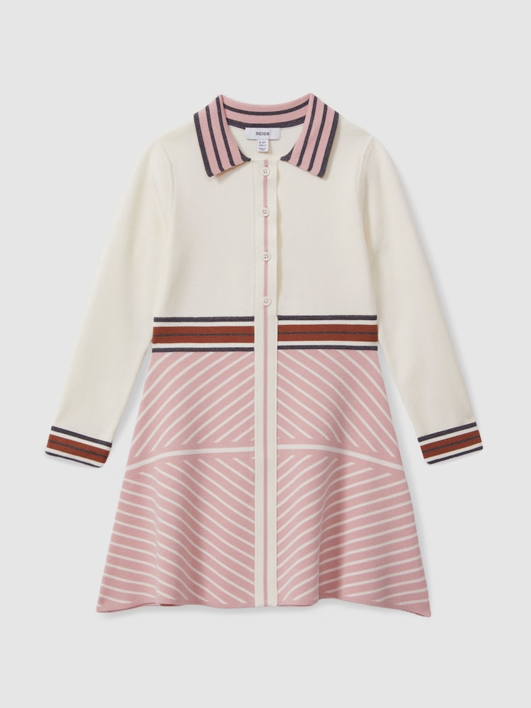 Reiss Pink Zana 13-14 yrs Knitted Striped Collar Dress - Image 1 of 4