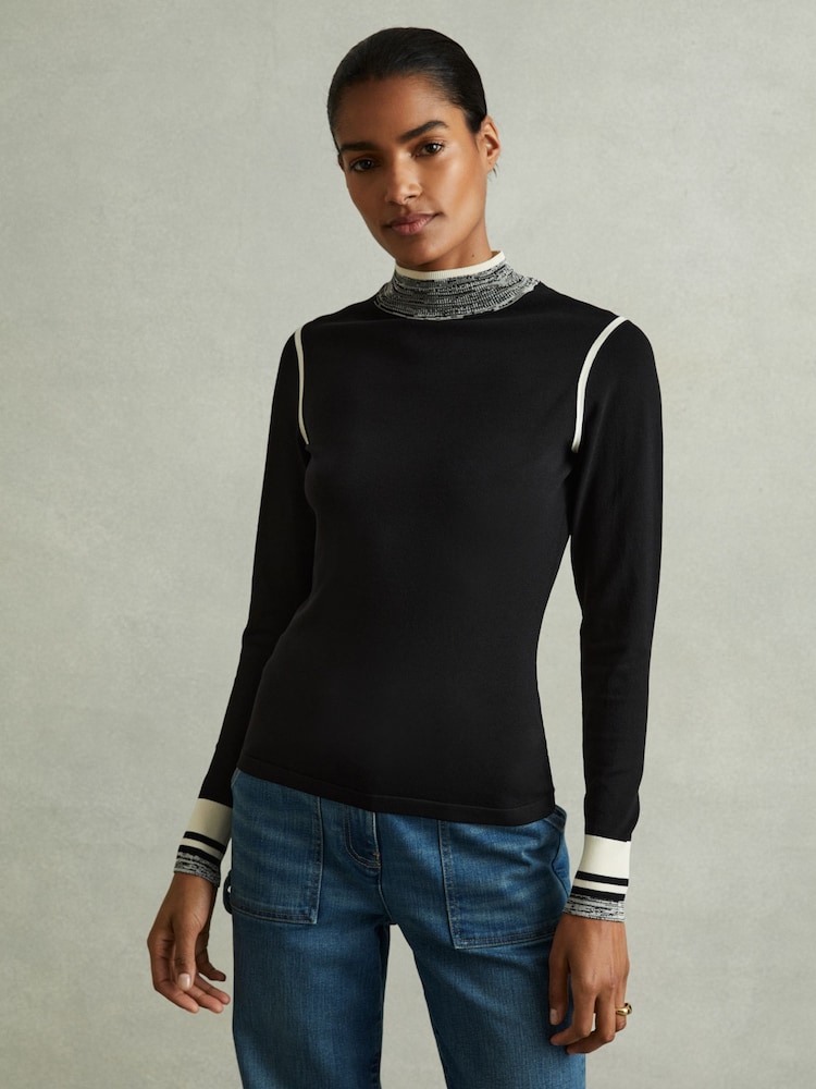 Reiss Black/Cream Rosa Knitted Contrast High Neck Jumper - Image 1 of 5