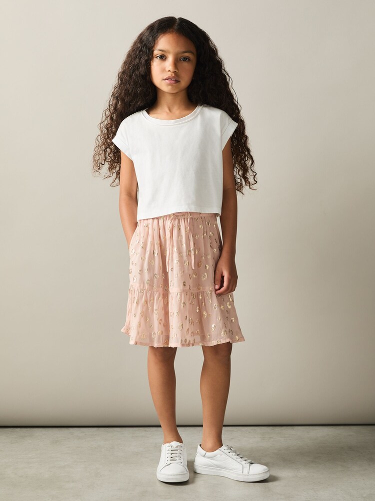 Reiss Pink Ellen 9-13 yrs Metallic Print Flounced Hem Skirt - Image 1 of 4 Reiss Pink Ellen 9-13 yrs Metallic Print Flounced Hem Skirt - Image 1 of 4