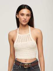 Superdry Cream Cropped Halter Crochet 100% Cotton Top - Image 1 of 7