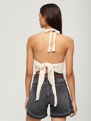 Superdry Cream Cropped Halter Crochet 100% Cotton Top - Image 3 of 7