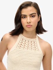Superdry Cream Cropped Halter Crochet 100% Cotton Top - Image 4 of 7