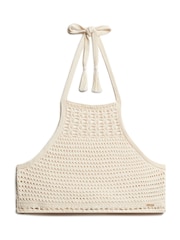 Superdry Cream Cropped Halter Crochet 100% Cotton Top - Image 5 of 7