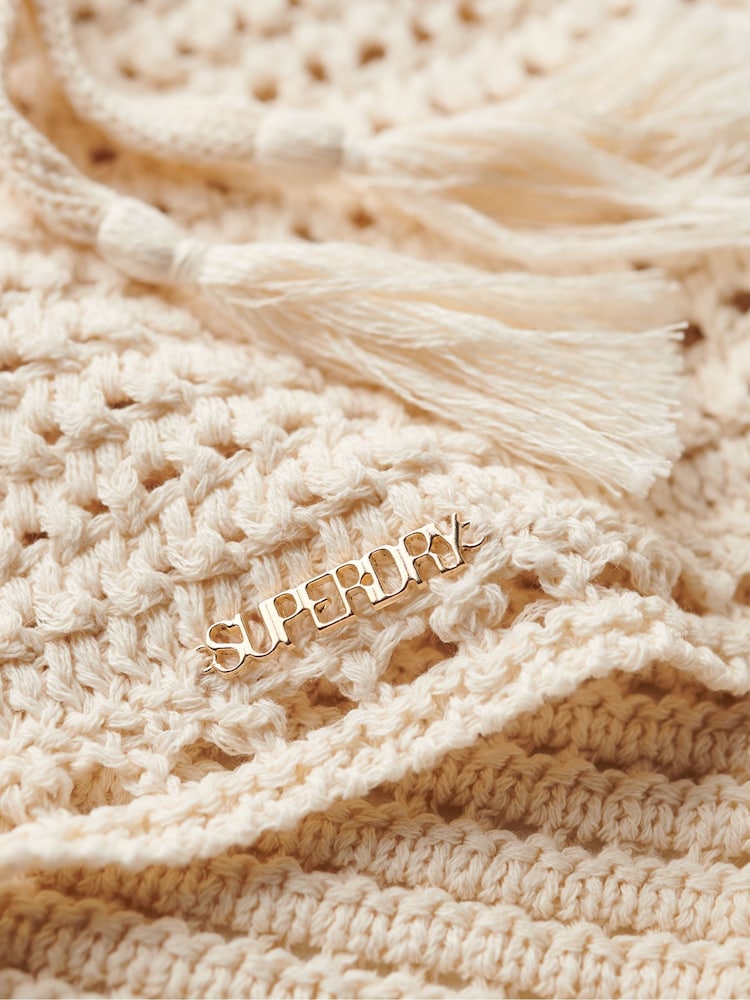 Superdry Cream Cropped Halter Crochet 100% Cotton Top - Image 7 of 7