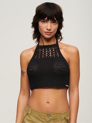 Superdry Black Cropped Halter Crochet 100% Cotton Top - Image 1 of 8