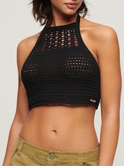 Superdry Black Cropped Halter Crochet 100% Cotton Top - Image 4 of 8