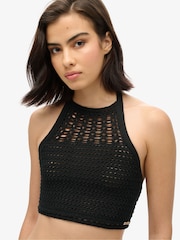 Superdry Black Cropped Halter Crochet 100% Cotton Top - Image 5 of 8