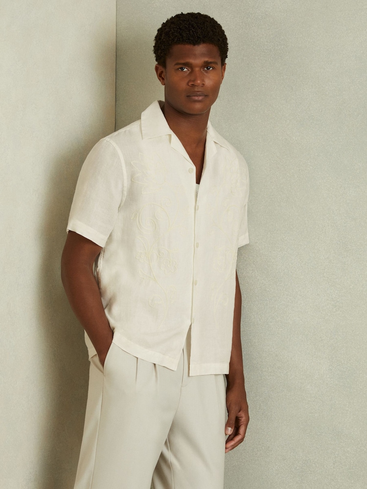 Reiss White Sonny Linen Embroidered Cuban Collar Shirt - Image 1 of 5