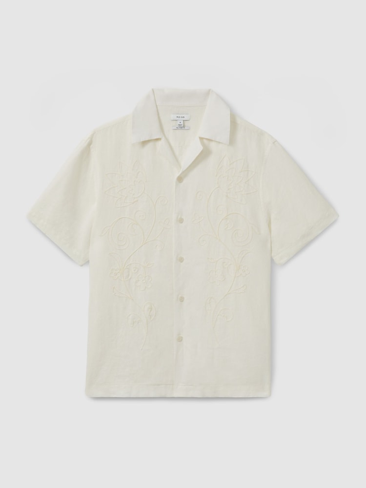 Reiss White Sonny Linen Embroidered Cuban Collar Shirt - Image 2 of 5