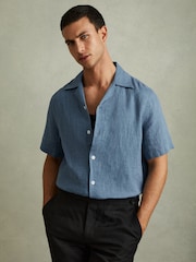 Reiss Denim Blue Beldi Relaxed Linen Cuban Collar Shirt - Image 1 of 6