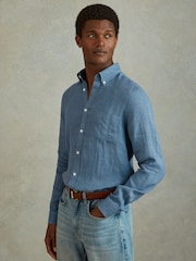 Reiss Denim Blue Queens 100% Linen Button-Down Collar Shirt - Image 1 of 6