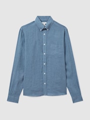 Reiss Denim Blue Queens 100% Linen Button-Down Collar Shirt - Image 2 of 6