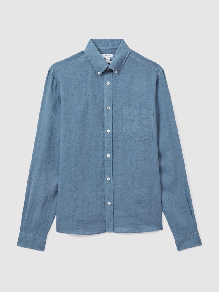 Reiss Denim Blue Queens 100% Linen Button-Down Collar Shirt - Image 2 of 6