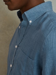 Reiss Denim Blue Queens 100% Linen Button-Down Collar Shirt - Image 4 of 6