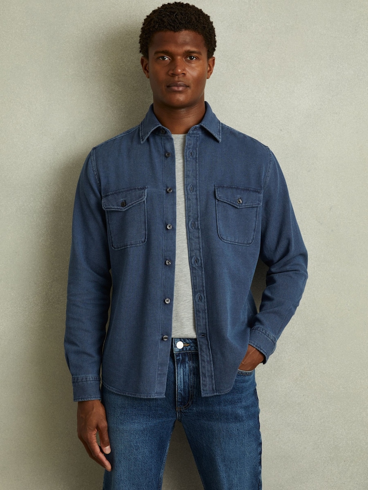 Reiss Indigo Blue Mcilroy Textured Denim Overshirt - Image 1 of 6