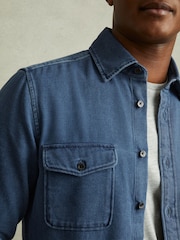 Reiss Indigo Blue Mcilroy Textured Denim Overshirt - Image 3 of 6