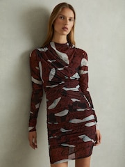 Reiss Burgundy Kallie Printed Ruched Mini Dress - Image 1 of 6